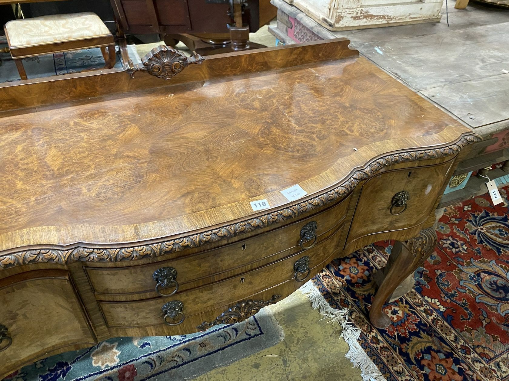 A Queen Anne walnut bowfront serving table, width 120cm depth 52cm height 90cm